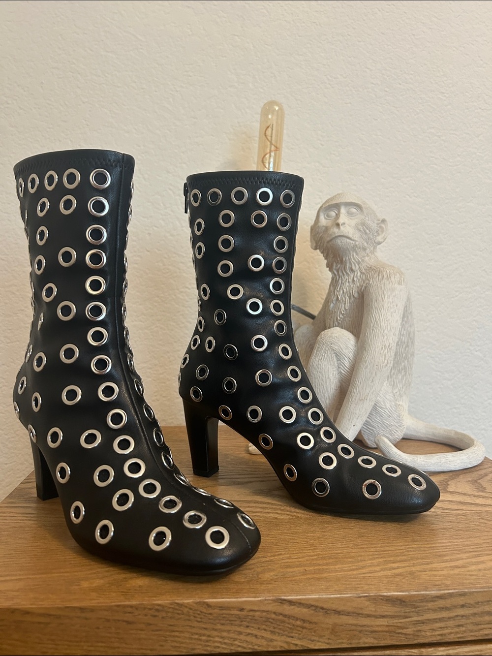 Zara Black Ankle Heeled Boots with Silver Grommets